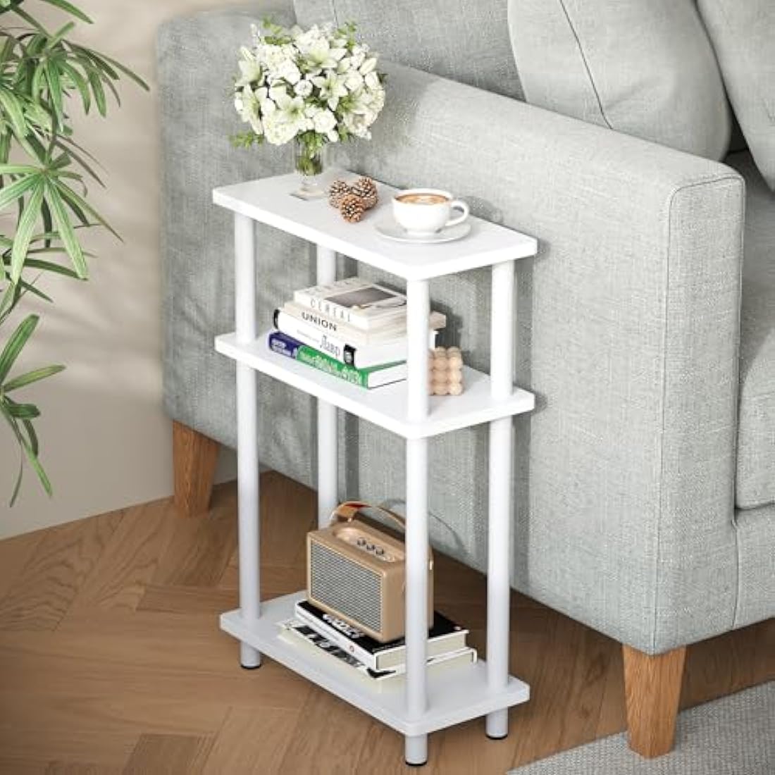APICIZON Narrow Side Table, Slim Small Table, 3 Tier End Table Living Room, 40x18x61.5cm, Modern Thin Side Table for Living Room, Bedroom, Sofa, Small Nightstand with Magazine Rack, Save Space, White