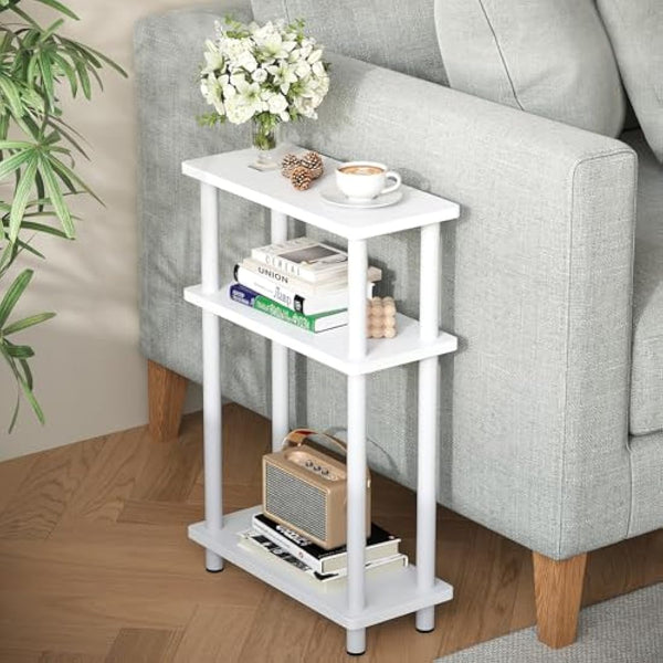 APICIZON Narrow Side Table, Slim Small Table, 3 Tier End Table Living Room, 40x18x61.5cm, Modern Thin Side Table for Living Room, Bedroom, Sofa, Small Nightstand with Magazine Rack, Save Space, White