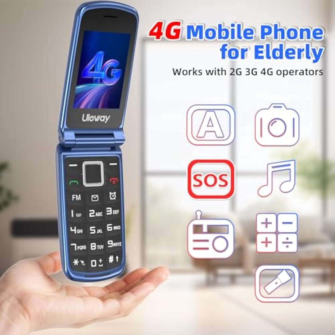uleway 4G Big Button Mobile Phone for Elderly Sim Free Unlocked Simple Senior Flip Phone Easy to Use Basic Phones with 2.4" +1.8" IPS Screen, SOS Button, Charging Dock 1000mAh Battery (Blue)