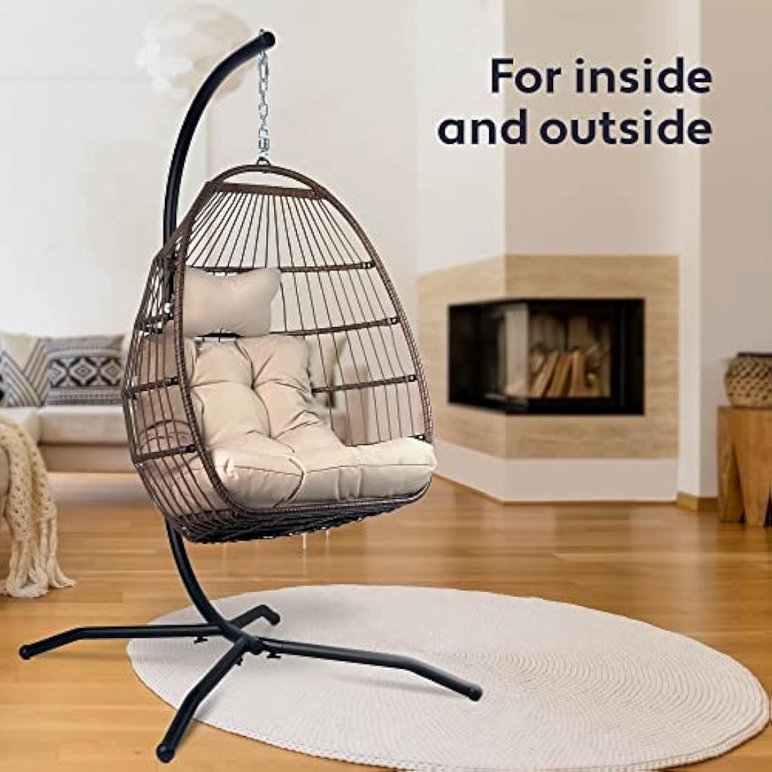 Vita5 Hanging Egg Chair Indoor&Outdoor - Swing Chair with Frame Polyrattan with Cushion - Hanging Chair Outdoor and Indoor - Foldable Hammock Chair - Maximum Load 150kg - Beige