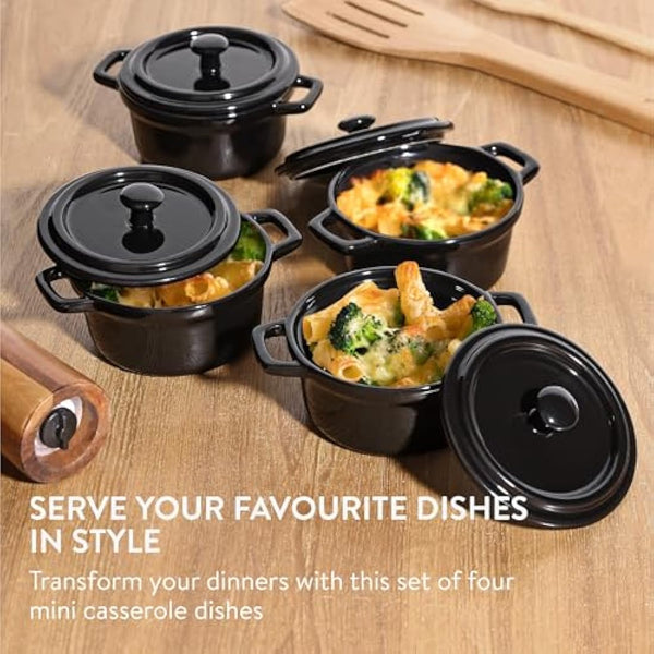Navaris Small Casserole Dish with Lid - Ceramic Oven Proof Dishes - Mini Baking Casseroles Easy Clean & Store - Single Baking Dishes - Set of 4-237 ml (8 oz) - Black