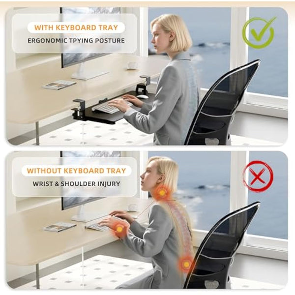 ERGOMAKER Keyboard Tray Under Desk, Pull Out Keyboard Tray with Extra Sturdy Clamp Mount System, 65x30cm (76cm Including Clamps) Computer Drawer for Typing, Perfect for Home or Office, Black.