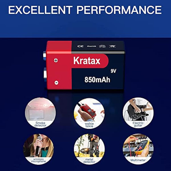 9V Rechargeable Li-ion Battery,Kratax 850mAh 9V Battery Rechargeable,2 Pack 9V Batteries with Protection Board for Smoke Detector Alarm,Fire Alarm,Multimeter,Radio Microphone,Kids Toys Battery