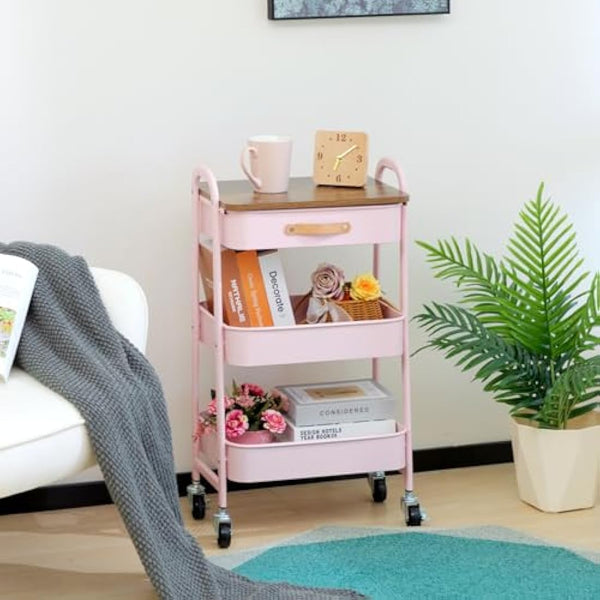 DOEWORKS Storage Trolley on Wheels 3-Tier Metal Trolley Cart with Drawer Rolling Kitchen Trolleys Beauty Trolleys with Leather Handle for Room Bathroom Office, Pink
