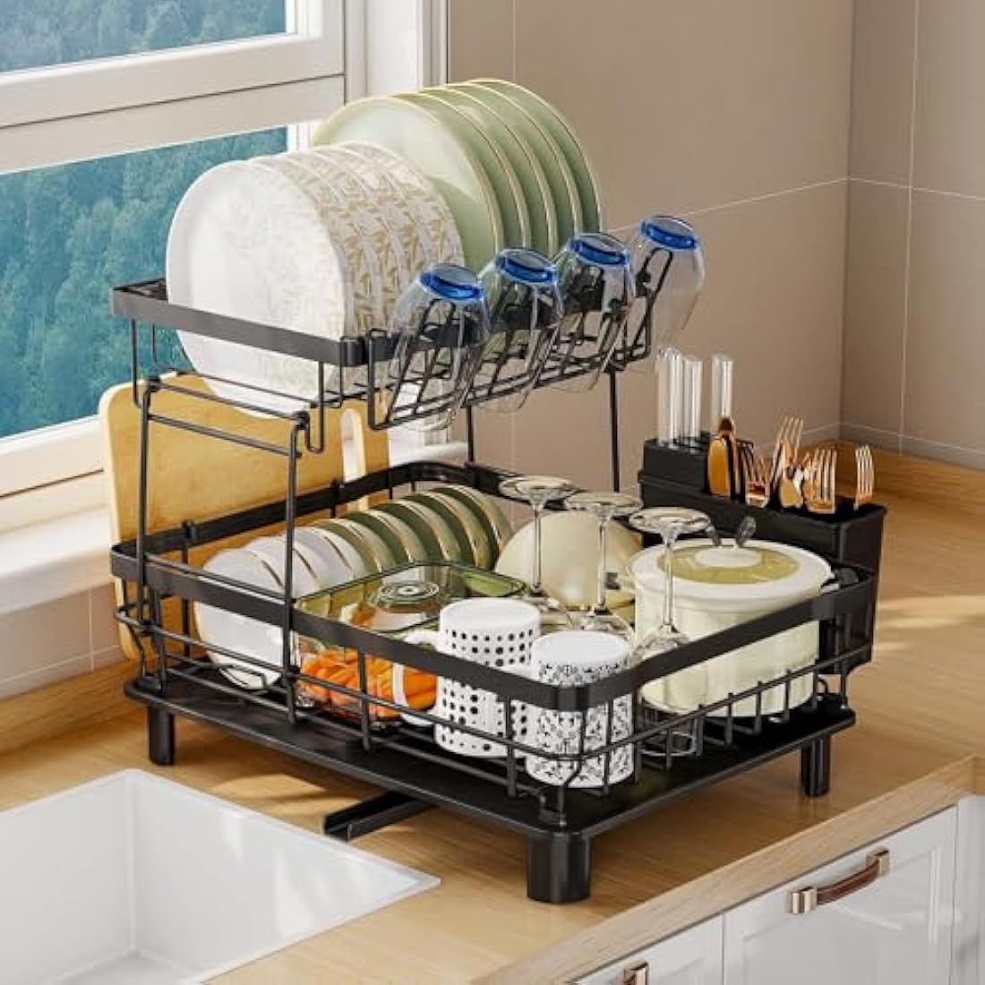 2 Tier Dish Drainer Rack for Kitchen with Drip Tray, Sink Drainer with 360° Swivel Drainage Spout, Dish Drying with Cups, Utensil & Cutting Board Holders for Kitchen Counter Space-Saving, Black