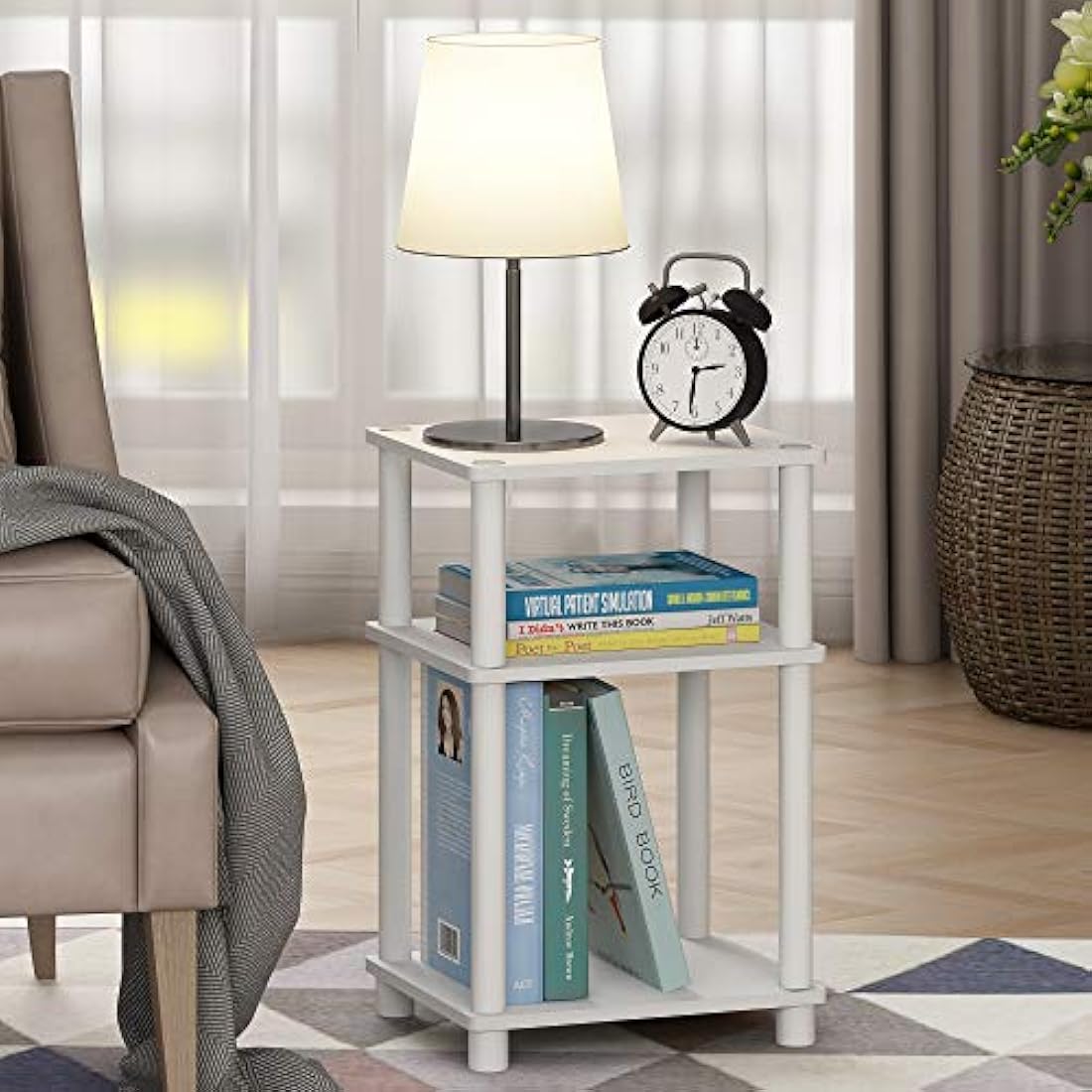 Furinno Just 3-Tier Turn-N-Tube End Table, 2-Pack, White(Espresso)/White