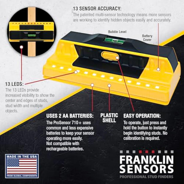 Franklin Sensors ProSensor 710+ Stud Finder with 13-Sensors, Wood & Metal Stud Detector/Wall Scanner, Built-in Bubble Level