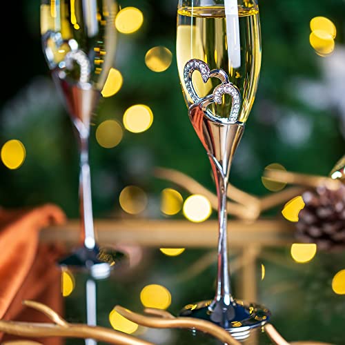 Personalised Champagne Glasses Wedding Gifts - Set of 2 Mr and Mrs Champagne Flutes with Engraved Wooden Gift Box Silver Crystal Champagne Glass