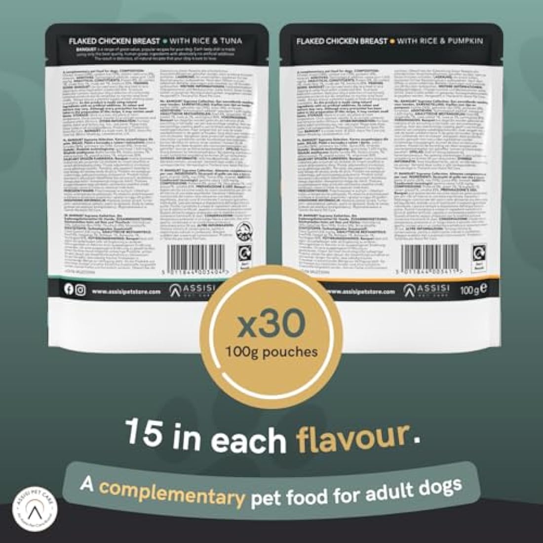HiLife Banquet Adult Wet Dog Food, Flaked Chicken Breast with Rice & Tuna / Flaked Chicken Breast with Rice & Pumpkin, 100% Natural Ingredients (30 Pouches x 100g)
