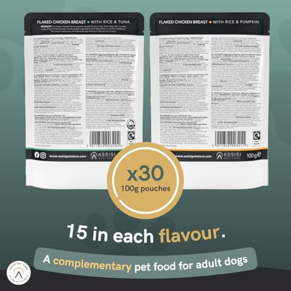 HiLife Banquet Adult Wet Dog Food, Flaked Chicken Breast with Rice & Tuna / Flaked Chicken Breast with Rice & Pumpkin, 100% Natural Ingredients (30 Pouches x 100g)