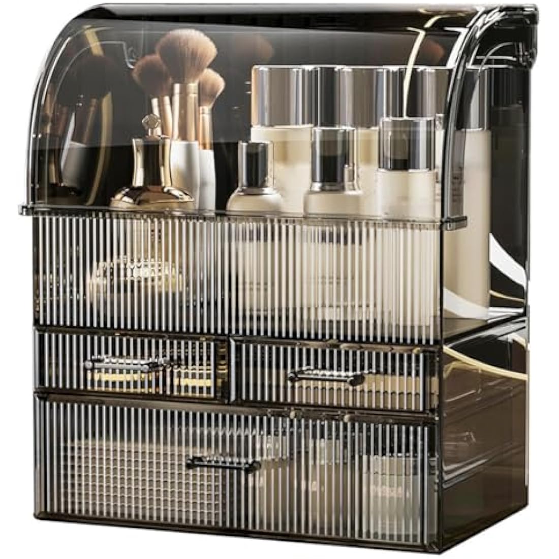 Suyoo Makeup Storage Organiser, XL Large Acrylic Cosmetics Organizer Skincare Display Case with Drawers and Waterproof Cover for Countertop, Bathroom, Dresser(Black-XL)