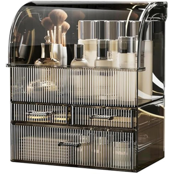 Suyoo Makeup Storage Organiser, XL Large Acrylic Cosmetics Organizer Skincare Display Case with Drawers and Waterproof Cover for Countertop, Bathroom, Dresser(Black-XL)