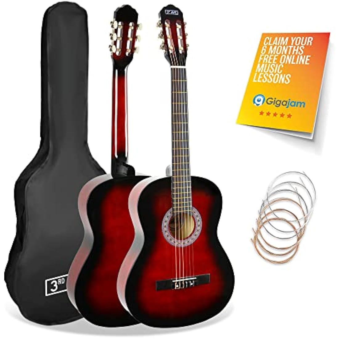 3rd Avenue 3/4 Size Kids Classical Guitar Spanish Nylon String Beginner Pack Bundle - 6 Months FREE Lessons, Bag, Strings – Red