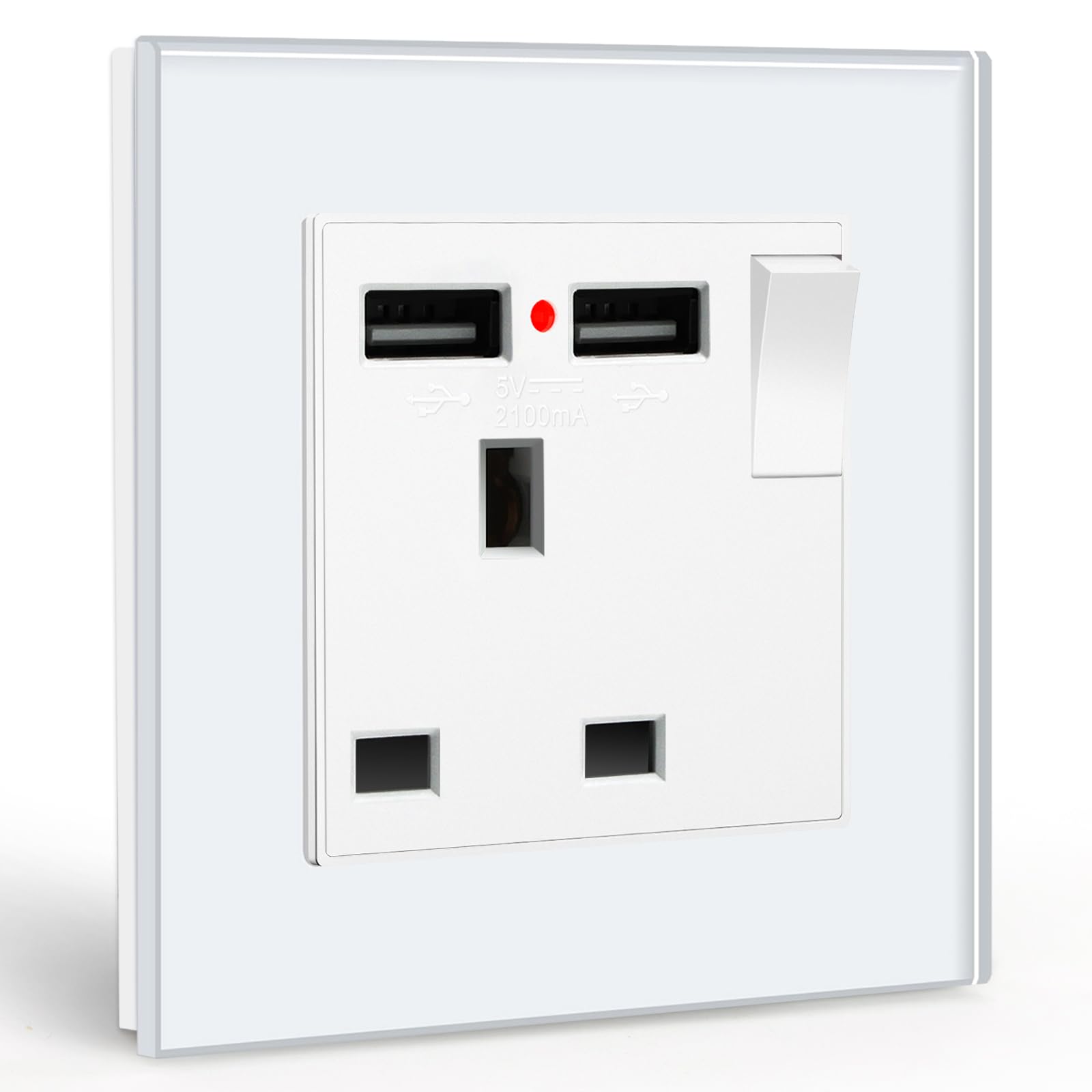 BSEED Double Socket 13A with LED Indicator, Double Switched Wall Socket 2 Gang UK Standard, Electric Switched Plug Power Wall Outlet with Glass Panel, Grey