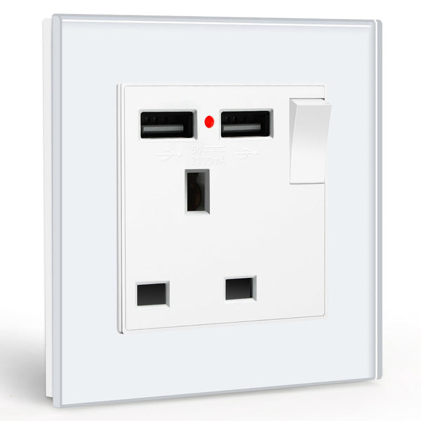 BSEED Double Socket 13A with LED Indicator, Double Switched Wall Socket 2 Gang UK Standard, Electric Switched Plug Power Wall Outlet with Glass Panel, Grey