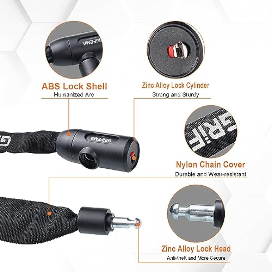 GRIFEMA GA1201-12 Bike Locks High Security with 2 Keys, Bike Chain Lock Heavy Duty, 120cm Bicycle/Cycling Locks for Bike Cycle, Moto, Door, Gate Fence, Black/White