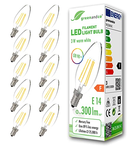 greenandco CRI 90+ E14 LED Filament Candle Clear 3W Replaces 28W 300lm 2700K Warm White 360 230V, no Flicker, not dimmable, 10-Pack