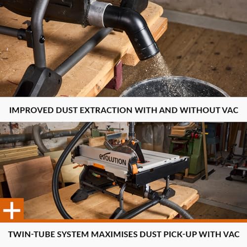 Evolution Power Tools R255TBLX+ Table Saw With Stand (Next Gen Rage 5-S) Multi-Material Cutting Blade Included Cuts Wood Metal Plastic, 45˚ Bevel, +/- 60˚ Mitre Angle, 85mm Cut Depth, 1800w Motor 240v