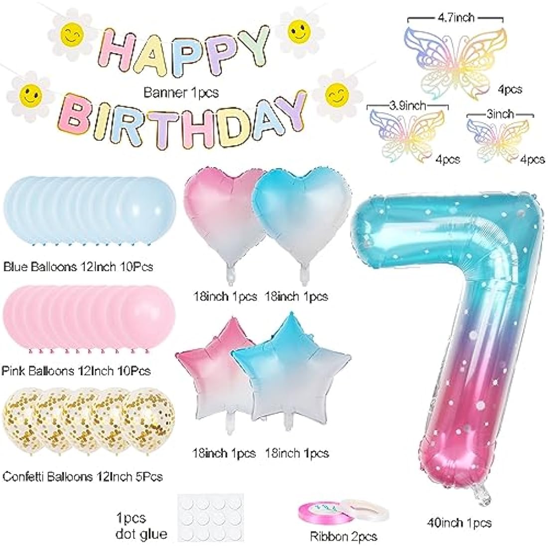7th Birthday Decorations for Girls, Gradient Color 40 Inch Age 7 Foil Balloons with Happy Birthday Banner and Butterfly Stickers, for Baby Shower, Girls Boys Party Decorations