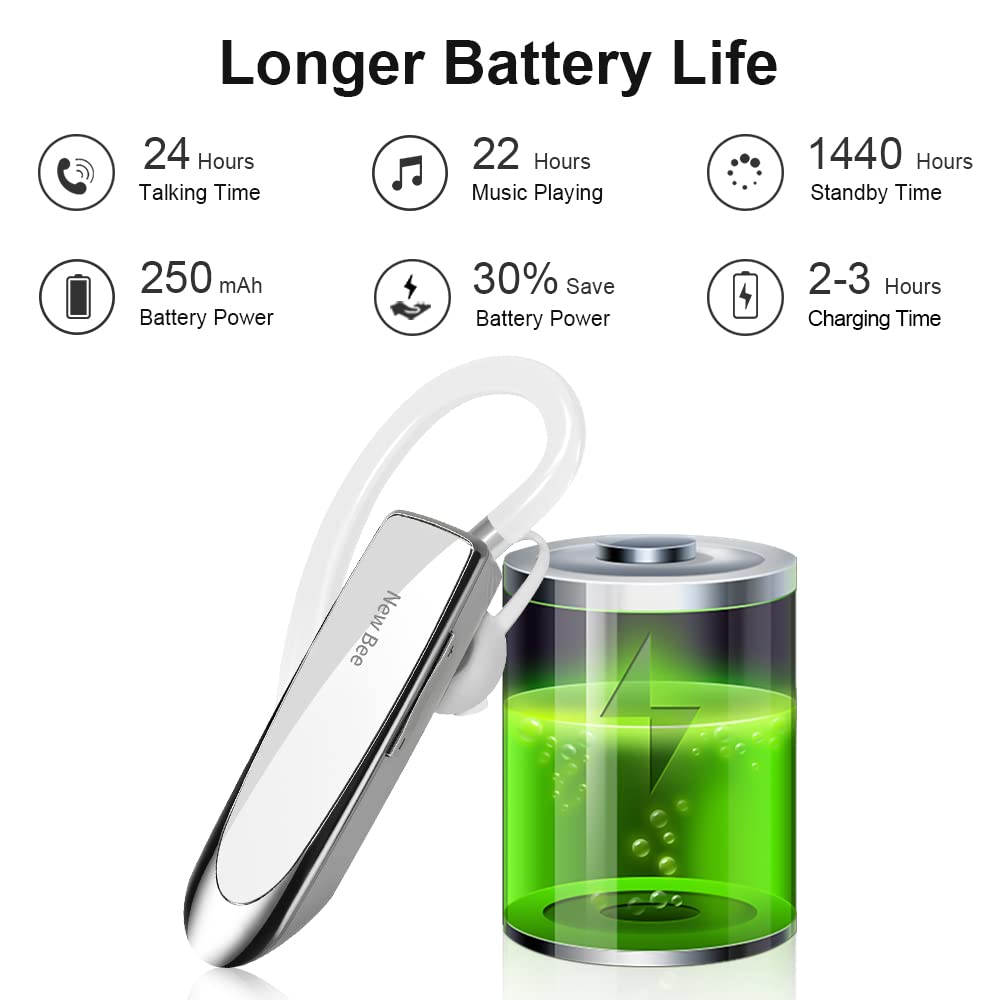 New bee Handsfree Bluetooth Earpiece, Wireless Bluetooth Headset with Microphone 60 Days Standby Headphones with Microphone for iPhone, Samsung, HTC, LG, Sony, PC (Black)