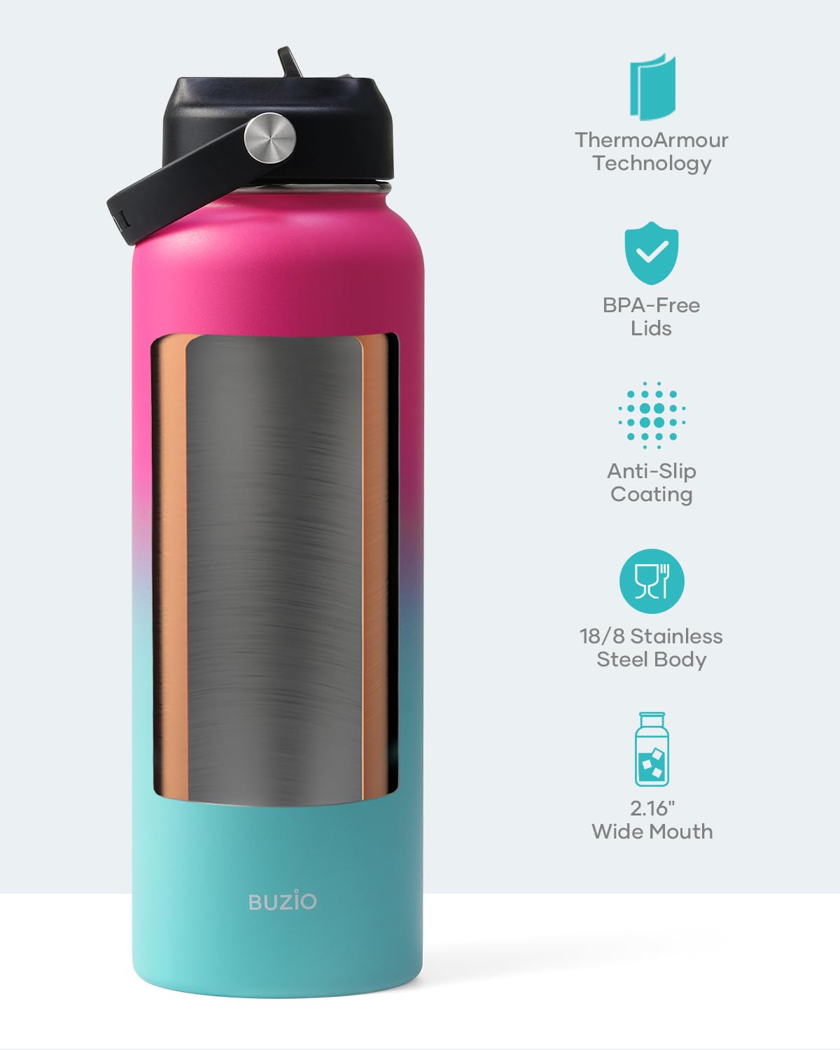 Stainless Steel Water Bottle 2L, BUZIO Vacuum Insulated Water Bottle with Straw Lid and Flex Cap Cold for 48 Hrs, Hot for 24 Hrs Double Wall Wide Mouth BPA Free Leak Proof, Black