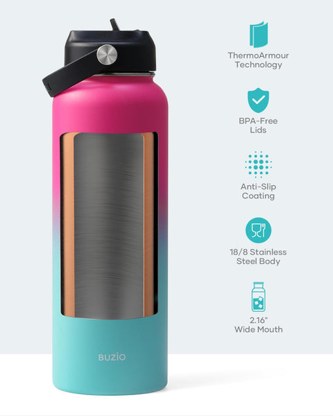 Stainless Steel Water Bottle 2L, BUZIO Vacuum Insulated Water Bottle with Straw Lid and Flex Cap Cold for 48 Hrs, Hot for 24 Hrs Double Wall Wide Mouth BPA Free Leak Proof, Black