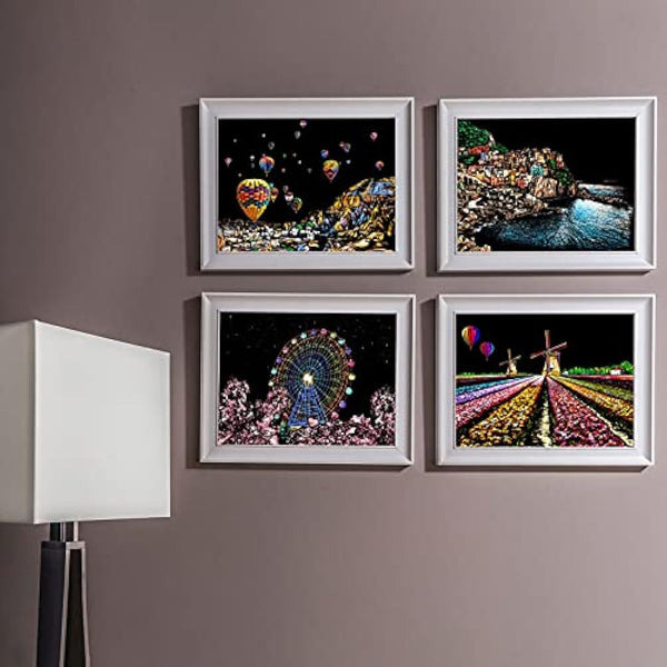 Heyu-Lotus 8pcs Scratch Art Paper Rainbow Painting Sketch City Series Night Art Craft Scratch Scratchboard for Adult and Kids with 5 Tools