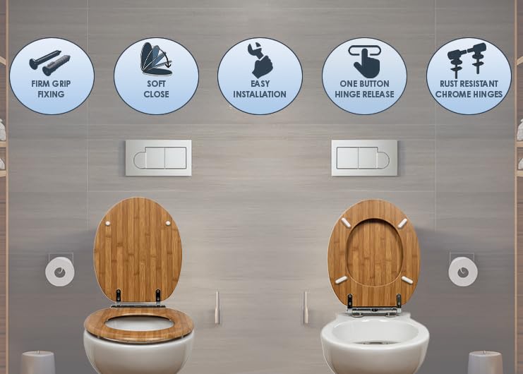 AQUALONA® Luxury Soft Close Toilet Seat - Moulded Wood - Stainless Steel Slow Close Hinges - Click, Lift & Clean Technology (Bamboo Toilet Seat)