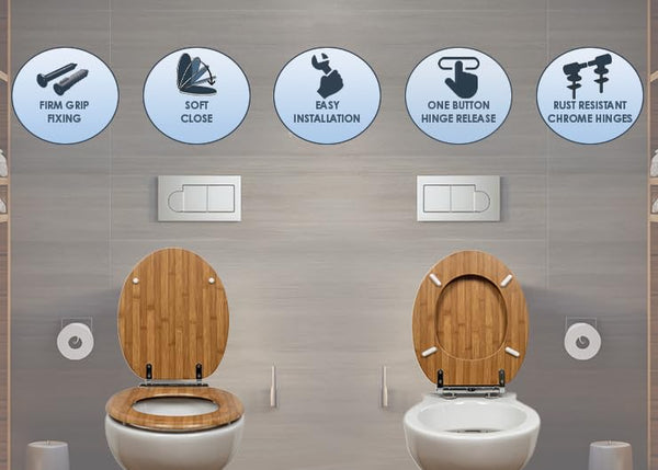 AQUALONA® Luxury Soft Close Toilet Seat - Moulded Wood - Stainless Steel Slow Close Hinges - Click, Lift & Clean Technology (Bamboo Toilet Seat)
