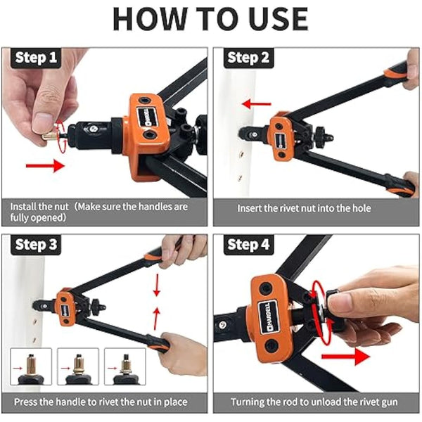 HARDELL Rivet Tool Kits, Rivet Nut Pliers Set, 14" Heavy Duty Hand Rivnut Gun with 150 Rivet Nuts and M3 M4 M5 M6 M8 M10 6 Metric Mandrels，Heat-treated Alloy Steel better for Thick Sheet Steel