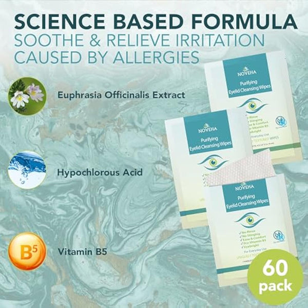 Antimicrobial Eyelid & Lash Wipes | For Itchy, Dry Eyes, Styes & Blepharitis, Gentle & Natural 0.02% Pure Hypochlorous Acid Cleansing Wipes, Hypoallergenic & Soothing For Sensitive Eyes, Pack of 60