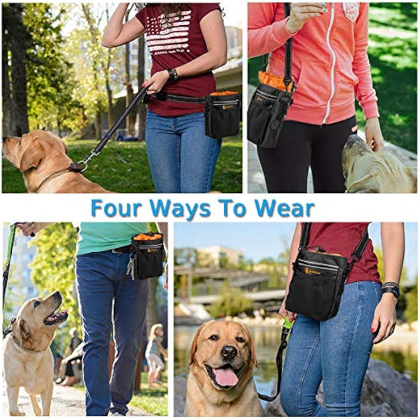 lanktoo Dog Treat Pouch Bag with Poop Bag Holder, Waterproof Puppy Training Walking Bag W/Shoulder Strap, Waist Belt and Clip, Easily Carrying Dog Toys, Food (Black+Orange)