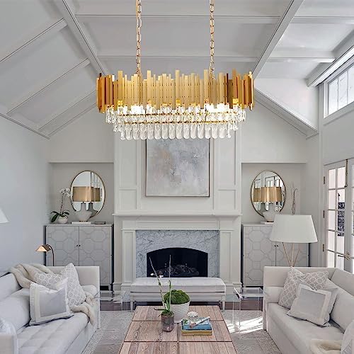 FRIXCHUR Modern Crystal Chandeliers Oval Luxury K9 Crystals Flush Mount Ceiling Light Crystal Pendant Light Fixture Adjustable Hanging Chain for Dining Room Living Room,E14x10 Lights