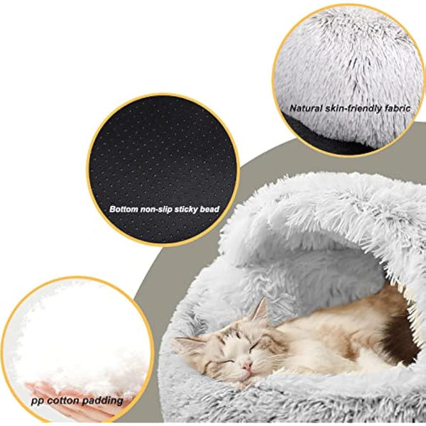 YUDANSI Dog Beds, 65cm Under 9 kg Covered Dog Cat Bed for Cats Calming Down, Burrowing Cat Small Medium Dog Bed with Hood for Anti Anxiety, Non-Slip Plush Faux Fur Nest with Ceiling Puppy Pet Bed