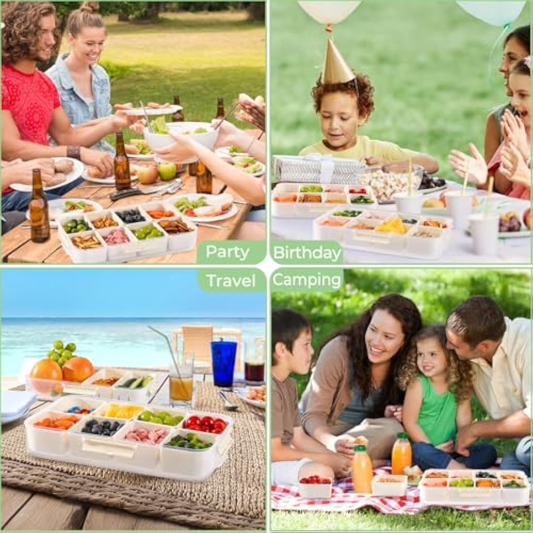 Luxear 2P Divided Snack Box with Lid Handle, Divided Snack Serving Tray Removable Compartment, Food Storage Container Organiser for Snackle Box Appetizers Charcuterie Container