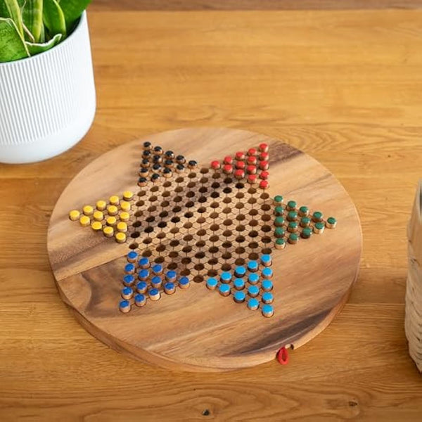 Halma Gr. XL - Stern Halma - Chinese Checkers - Strategiespiel - Gesellschaftsspiel aus Holz mit rundem, klappbarem Spielbrett