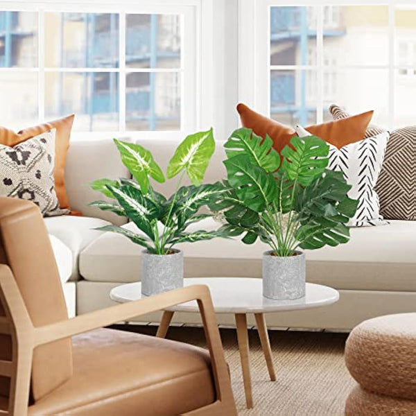 Dremisland 2pcs Fake Plants Artificial Monstera Plants in Pot 16" Tall Artificial Potted Plant with Grey Pot Faux Foliage Greenery Plant for Office Desk Shelf Table Bathroom Bedroom Indoor Décor