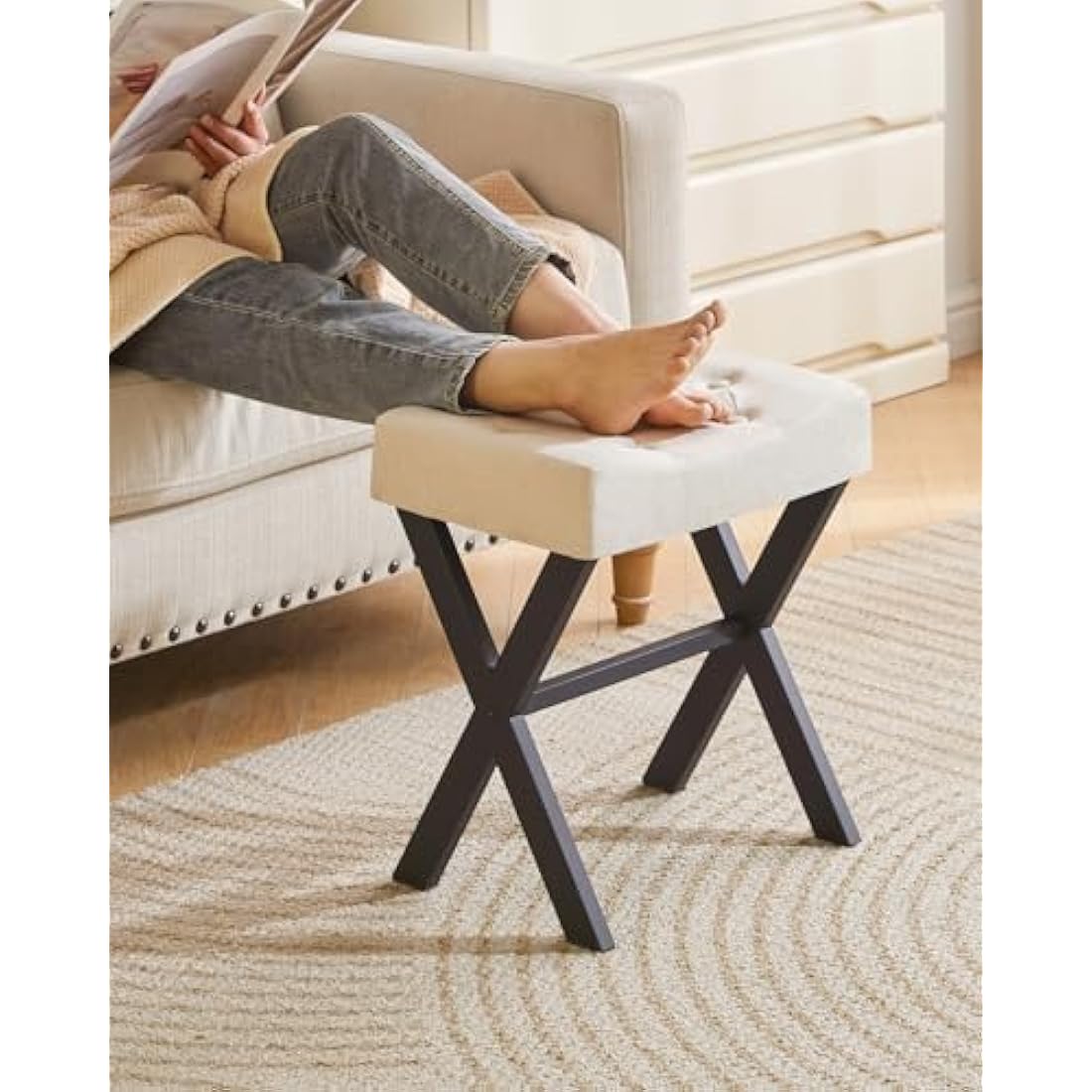 IBUYKE U-shaped Linen Vanity Stool, Square Makeup Stool with X-Leg, Ottoman Seat Footrest Stool, Multi-Use as Small Side Table, for Bedroom, Living Room, Linen WBD018Y