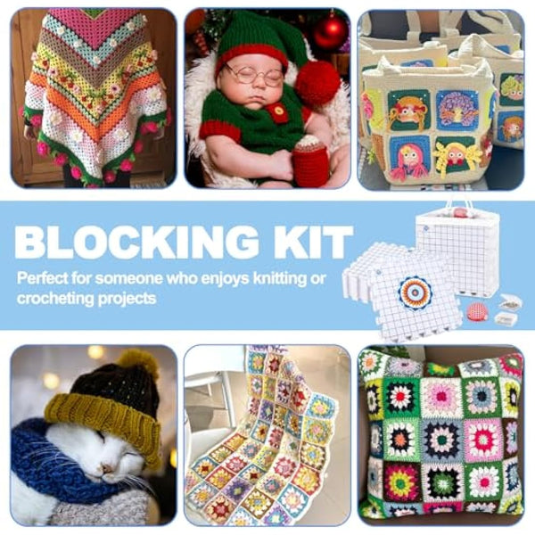 Aeelike Blocking Mats for Knitting, Crochet & Craft - 9 Pack Interlocking Foam Crochet Blocking Mats with Grid, 200 T-Pins, Pin Cushion & Storage Bag - Large Knitting Blocking Board and Pins Set