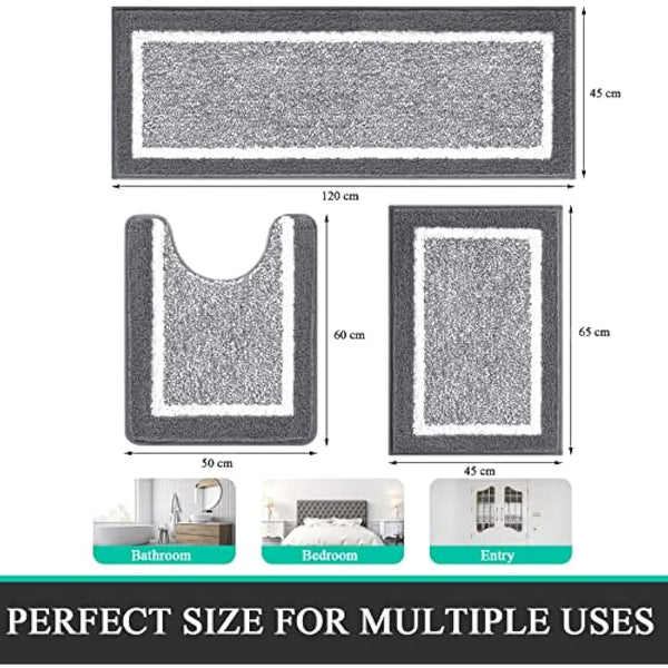 Pauwer Ultra Soft Bathroom Mat Sets 3 Piece Luxury Non Slip Absorbent Bath and Toilet Mat Set Machine Washable Bath Floor Rug Shower Rug, Dark Grey
