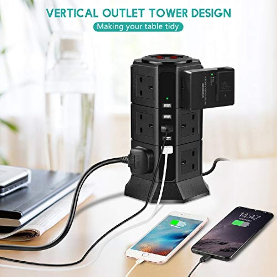 Extension Lead PRITEK 12 Way Outlets 1000J Surge Protector Vertical Power Strip with 5 USB Charging Ports 10A/2500W Overload Protection Extension Socket with 6.5ft Extension Cord (Black)