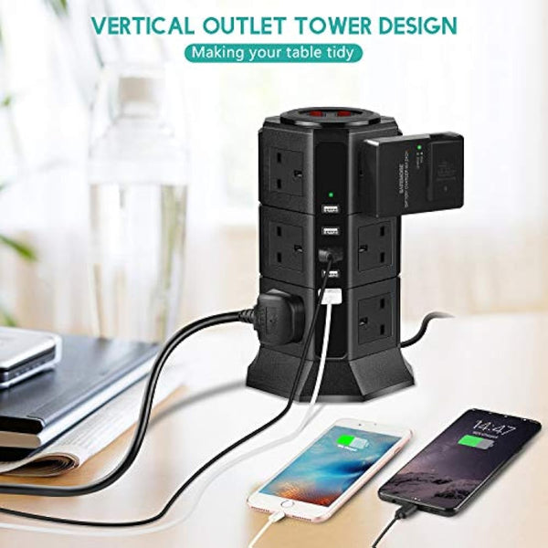 Extension Lead PRITEK 12 Way Outlets 1000J Surge Protector Vertical Power Strip with 5 USB Charging Ports 10A/2500W Overload Protection Extension Socket with 6.5ft Extension Cord (Black)