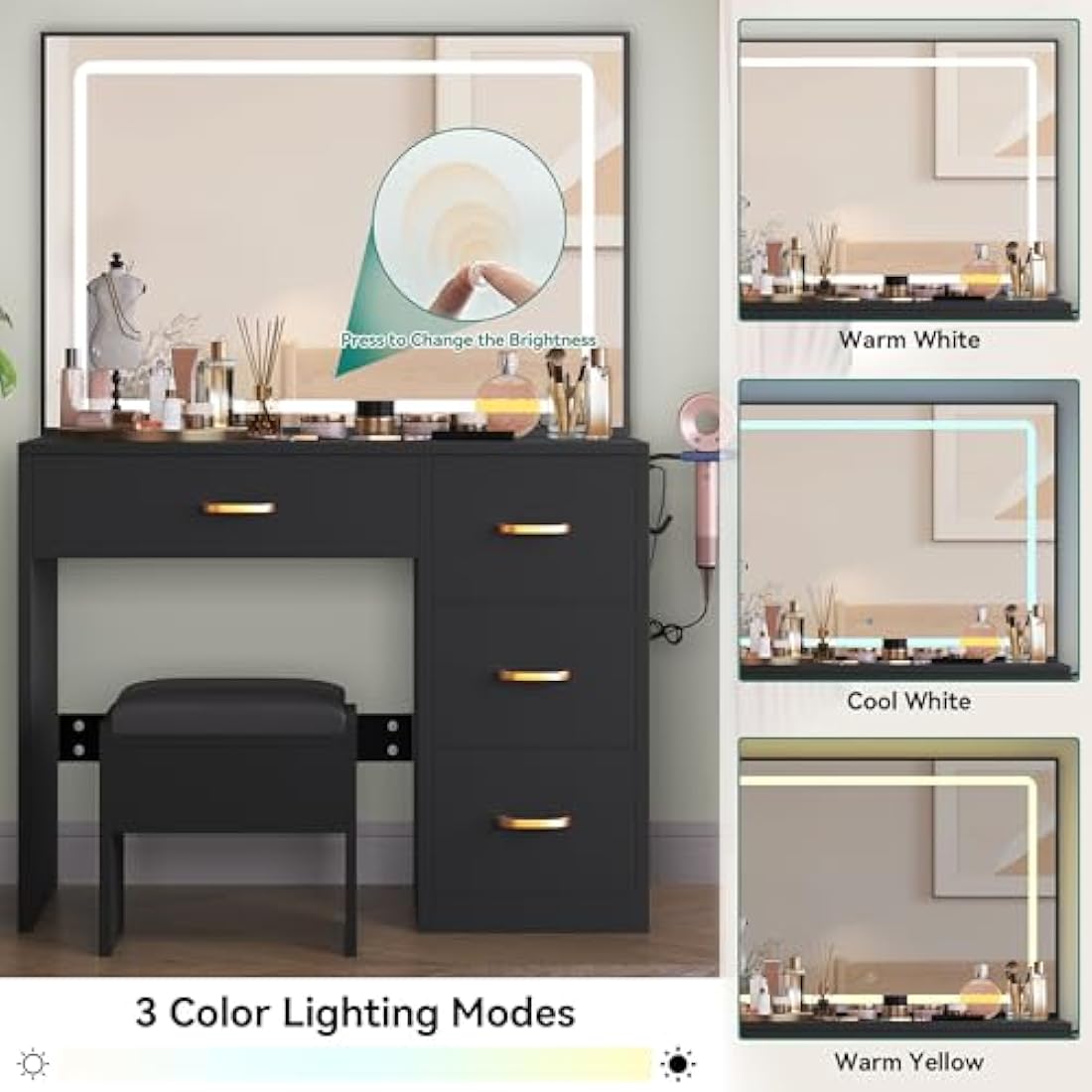 YITAHOME Dressing Table & stool set,Vanity Desk w/ 3-Color Lighting Modes LED Lights Mirror,Lights Brightness Adjustable,Vanity Table with 4 Drawers,Power Outlet,Black Makeup Desk for Bedroom