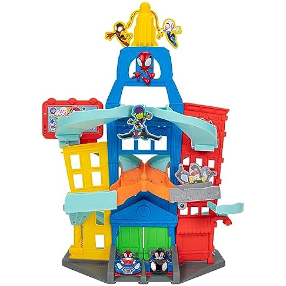 Marvel's Spidey and his Amazing Friends 24-Inch Tall Amazing Metals City Track Set-Two 3-Inch Exclusive Die-Cast Vehicles Included-Superhero Toys for Kids 3 and Up