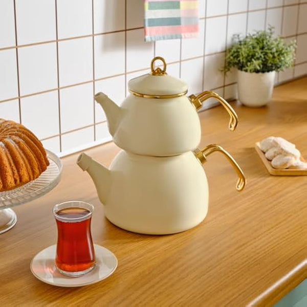Karaca Retro Enamel Teapot Set, Titanium, Tea Infuser 1.1 L - 2.4 lb, Water Pot 2.3 L - 5.1 lb, Cream, Suitable for Induction, Kettle, Turkish Tea Kettle