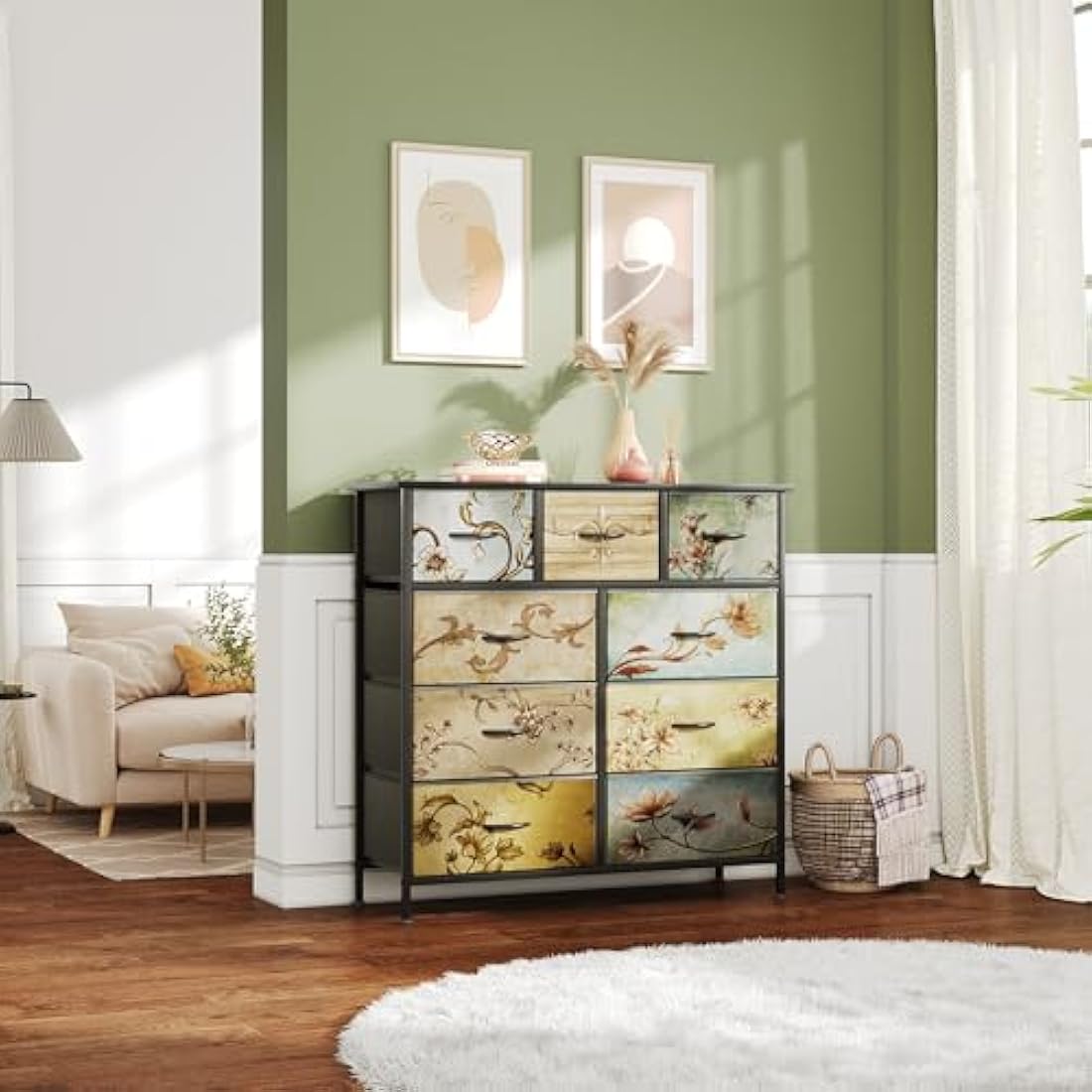 Flrrtenv Chest of Drawers Bedroom with 9 Drawers, Tall Fabric Dressers with Flower Printing, Dresser for Entryway Hallway Living Room, Closet Storage Drawer, Black Wooden Top