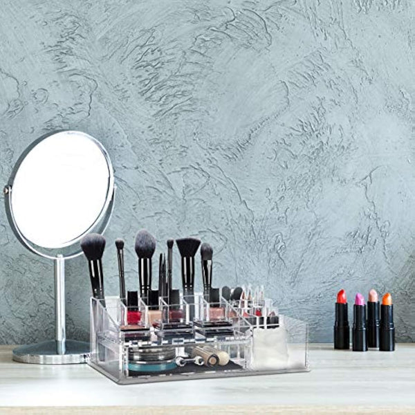 Relaxdays Makeup Organiser with Drawer, Acrylic Storage Box for Cosmetics and Jewellery, Lipstick Holder, Transparent