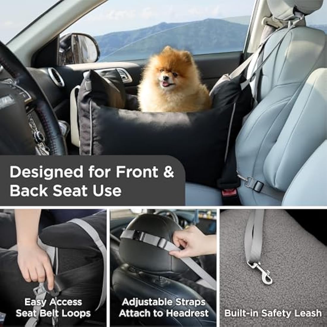 Lesure Dog Car Seat for Medium Dog - Waterproof Dog Booster Seat for Car with Storage Pockets, Clip-On Safety Leash and Memory Foam Filling, Small Pets Travel Carrier Bed, 58x56x33cm, Black