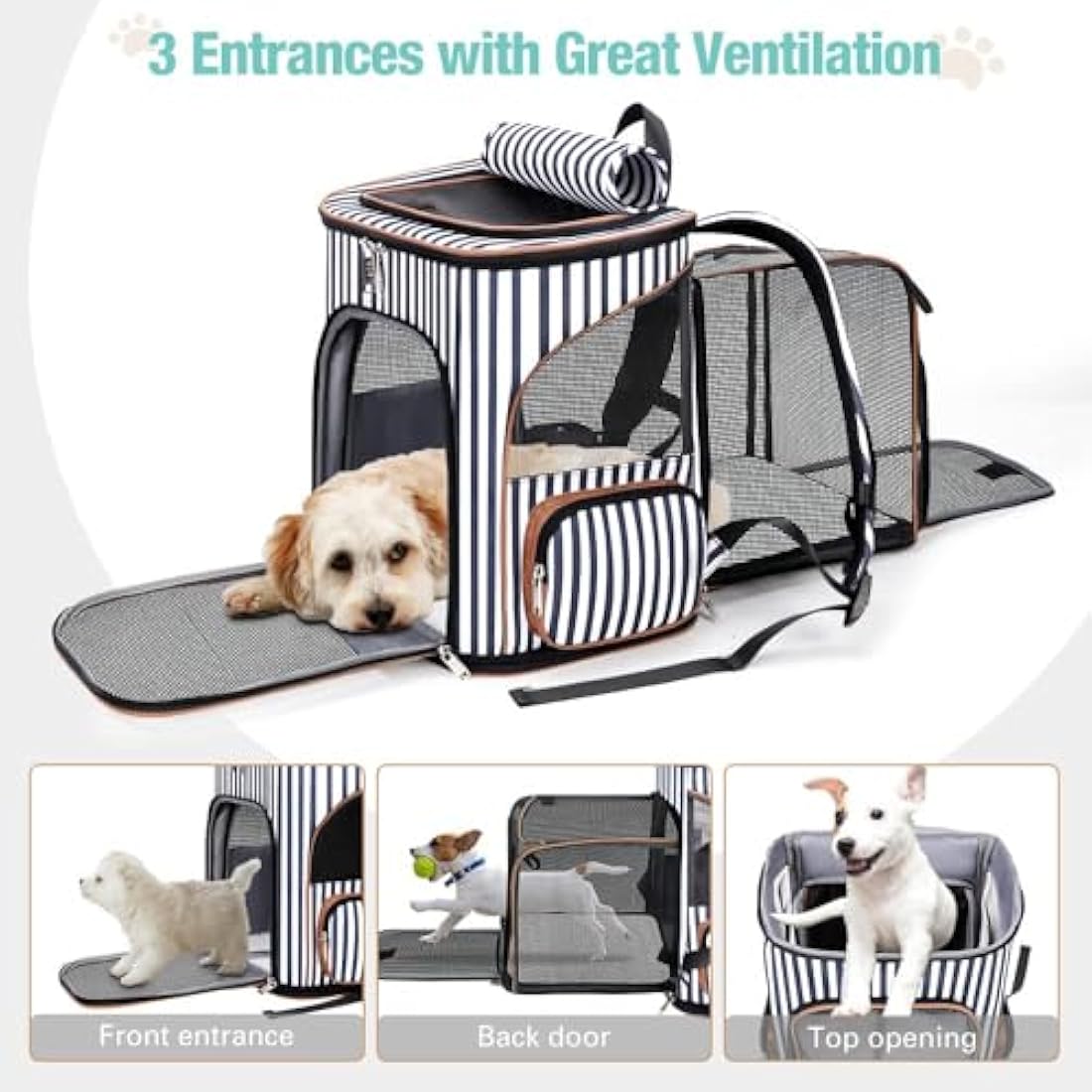 Lekesky Expandable Cat Carrier Backpack - Portable Breathable Rucksack for Medium and Small Cats & Dogs, Foldable with Inner Escape-proof Leash and Pet Mat, Supports 20 lbs (Striped)