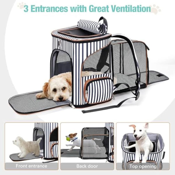 Lekesky Expandable Cat Carrier Backpack - Portable Breathable Rucksack for Medium and Small Cats & Dogs, Foldable with Inner Escape-proof Leash and Pet Mat, Supports 20 lbs (Striped)